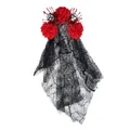 Detailansicht Halloween Haarreif mit roten Blumen, Totenköpfen und schwarzem Spitzenschleier. - Rot