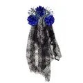 Serre-tête Halloween crâne avec fleurs bleues et voile en dentelle noire motif araignée - Bleu