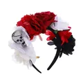 Retro Halloween hoofdband met rode en witte kunstmatige rozen en mesh schedel - Wit En Rood Doodskopontwerp
