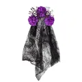 Vue détaillée d'un serre-tête Halloween avec fleurs violettes, crânes et voile noir - Violet