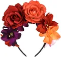 Vintage Halloween bloemen haarband met donkerrode en oranje zijden kunstbloemen voor dames - Diep Rood-oranje Met Orchideeën En Rozen Aan De Zijkant.