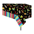 Vista detallada del mantel de fiesta mexicana Cinco de Mayo con tacos y sombreros - 130x220cm
