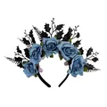 Gothic Halloween blue rose headband with black leaves for cosplay and costume ball - Blue