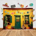 Lebhafter mexikanischer Cinco de Mayo Party-Hintergrund mit gelbem Haus und Gitarre - a004 / Gelber Wohnstil (a004)