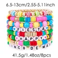 Close-up of 8pcs colorful Cinco de Mayo beaded bracelet set with festive lettering - Mexican Style Bracelet Set (240630-1) / 8 Pcs Pack
