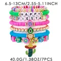 Close-up of 7pcs Mexican fiesta bracelet set with cactus charm and colorful clay beads - Mexican Style Bracelet Set (240847-1) / 7-Piece Set