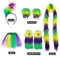 Ensemble de costume Mardi Gras 5 pièces en violet, vert et or - Ensemble de 5 Pièces (Serre-tête Plume+Jupe+Gants+Jambières+Écharpe)