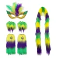 Kit d'accessoires Mardi Gras avec masque pailleté violet or vert et fausse fourrure - Ensemble de 4 Pièces (Masque Paillettes Plume+Gants+Jambières+Écharpe)