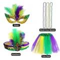 Panoplie de carnaval Mardi Gras 4 pièces avec masque pailleté, perles, bandeau et tutu - Ensemble de 4 Pièces (Masque Plume+Serre-tête Plume+Collier de Perles+Jupe)