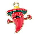 Cartoon chili pepper enamel charm with Mexican sombrero hat for DIY jewelry making - Red Chili with Mustache