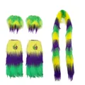 Set di accessori Mardi Gras in ecopelliccia viola verde giallo con paillettes per feste - Set da 3 Pezzi (Guanti+Scaldamuscoli+Sciarpa)