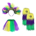 Set di costumi per Mardi Gras con gonna tutu e fascia piumata in viola oro verde - Set da 3 Pezzi (Fascia+Gonna+Scaldamuscoli)