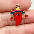 Mexican chili pepper enamel charm with mustache and colorful sombrero for DIY jewelry - Silver