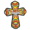 Colorful Mexican Day of the Dead cross fridge magnet in soft PVC with Joyful text design - Style 07 - Joyful