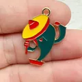 Detailed view of a green enamel cactus charm wearing a bright yellow Mexican sombrero - Silver Gray