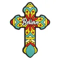 Colorful Mexican Day of the Dead style cross fridge magnet with Believe text design - Style 10 - Believe