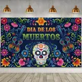 Detailed view of the colorful Dia de los Muertos banner in a festive room setting - Day of the Dead Party Decoration (17) / 150x100cm