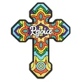 Colorful Mexican Day of the Dead cross fridge magnet with Rejoice text decoration - Style 12 - Rejoice