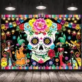 Sfondo messicano colorato per il Giorno dei Morti con teschio di zucchero e scheletri - Stile 12 / 180x110cm