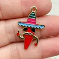 Mexican chili pepper charm with sombrero hat enamel DIY jewelry accessory - Magenta