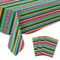 High-resolution close-up of Mexican carnival serape striped party tablecloth and napkins - Carnival Tablecloth-Green / Green