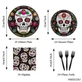 Set per festa Giorno dei Morti con piatti, tovaglioli e forchette teschio - Combo Piatti Tovaglioli Forchette (HA810J24J) / Set di Stoviglie per Feste (per 24 Persone)