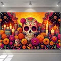 Bannière colorée Jour des Morts avec crâne en sucre et soucis pour décoration de fête - Style Autel Souci (ja450) / Paquet 90x60cm