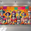 Bannière mexicaine colorée Jour des Morts avec têtes de mort en sucre et fleurs - Style Squelette Couronne de Fleurs (ja451) / Paquet 90x60cm