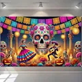 Bannière colorée du Jour des Morts avec crânes en sucre pour décoration d'Halloween. - Style Squelette Danseurs Guitare (ja452) / Paquet 90x60cm