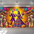 Day of the Dead wedding skeleton backdrop banner for Halloween party wall decoration - Skeleton Bride Groom Style (ja453)