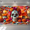 Vibrant Day of the Dead party banner backdrop featuring floral sugar skull and candle design - Elegant Sugar Skull Style (ja455)