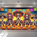 Vibrant Mexican Day of the Dead skeleton banner for Halloween party backdrop decoration - Five Skeletons Festival Style (ja456)