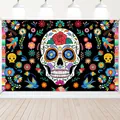 Mexican Day of the Dead party backdrop featuring colorful sugar skull and floral design - Style 06 / 180x110cm