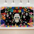 Sfondo vivace Dia de los Muertos con teschio di zucchero e scheletri messicani. - Stile 8 / 150x100cm