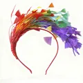 Close-up of vibrant rainbow feather headband for festival party or masquerade. - Iridescent