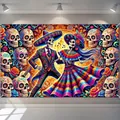 Vibrant Day of the Dead skeleton dancing backdrop for Halloween party decoration banner - Skeleton Dance Duo Style (ja458)