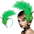 Close-up detail of a bright green feather headband fascinator worn by a female model - Green