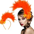 Vibrant orange feather headpiece shown worn by a model and as a static product display - Orange Red