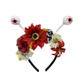 Detailansicht eines Halloween-Haarreifens mit Sonnenblumen, Totenkopf und Augen. - Rote Sonnenblume Stil (1#)