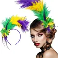 Detailed view of a vibrant purple, green, and yellow feather headband for festive parties - Rainbow
