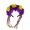 Dettaglio del cerchietto con fiori di tagete e nastri arcobaleno per feste di Halloween. - Stile Viola e Giallo (1#)