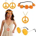 Hippie costume accessory set featuring orange peace sign necklace and round sunglasses - One Size / Orange