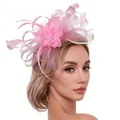Close-up detail of an elegant pink mesh and feather fascinator headpiece worn by a model - Headband Fascinator / Pink