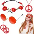 Kit accessoire hippie des années 70 avec lunettes rouges, bandeau fleur et bijoux peace. - Taille unique / Rouge