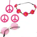 Ensemble d'accessoires hippie avec lunettes de soleil rondes roses et bandeau de fleurs. - Taille unique / Rose Rouge