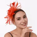 Elegante tocado fascinator de malla y plumas naranja para fiesta o boda - Diadema Fascinator / Rojo