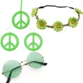 Hippie accessory set with green peace sign necklace, earrings, headband and round glasses - One Size / Green