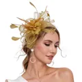 Detailed view of an elegant gold mesh and feather fascinator headpiece on a model. - Headband Fascinator / Khaki