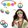 Rainbow hippie costume set with peace sign necklace, earrings, and round sunglasses - One Size / Colorful