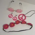 Pink hippie accessory set including sunglasses, peace necklace, earrings, and headband - One Size / Clip-on Earrings / Rose Red